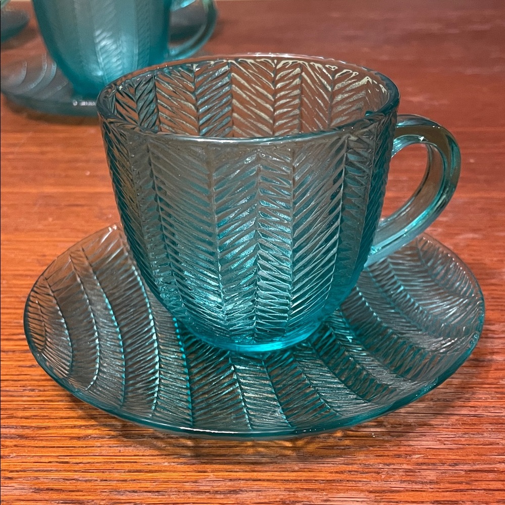Blue Glass Teacup and Saucer Set Arcoroc France